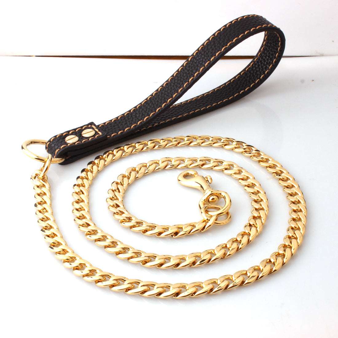 Dog Chain Leash Gold Heavy Duty Dog Leash Chains with Leather Padded Handle for Large Dogs Collar Chain