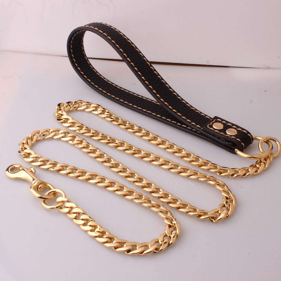 Dog Chain Leash Gold Heavy Duty Dog Leash Chains with Leather Padded Handle for Large Dogs Collar Chain