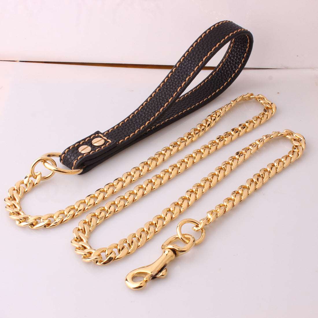 Dog Chain Leash Gold Heavy Duty Dog Leash Chains with Leather Padded Handle for Large Dogs Collar Chain