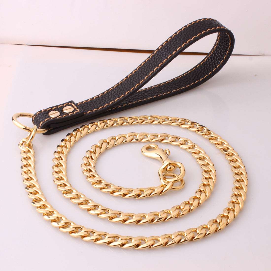 Dog Chain Leash Gold Heavy Duty Dog Leash Chains with Leather Padded Handle for Large Dogs Collar Chain