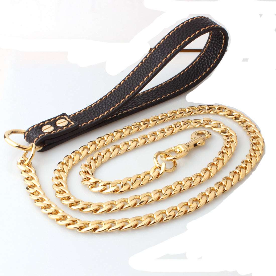 Dog Chain Leash Gold Heavy Duty Dog Leash Chains with Leather Padded Handle for Large Dogs Collar Chain